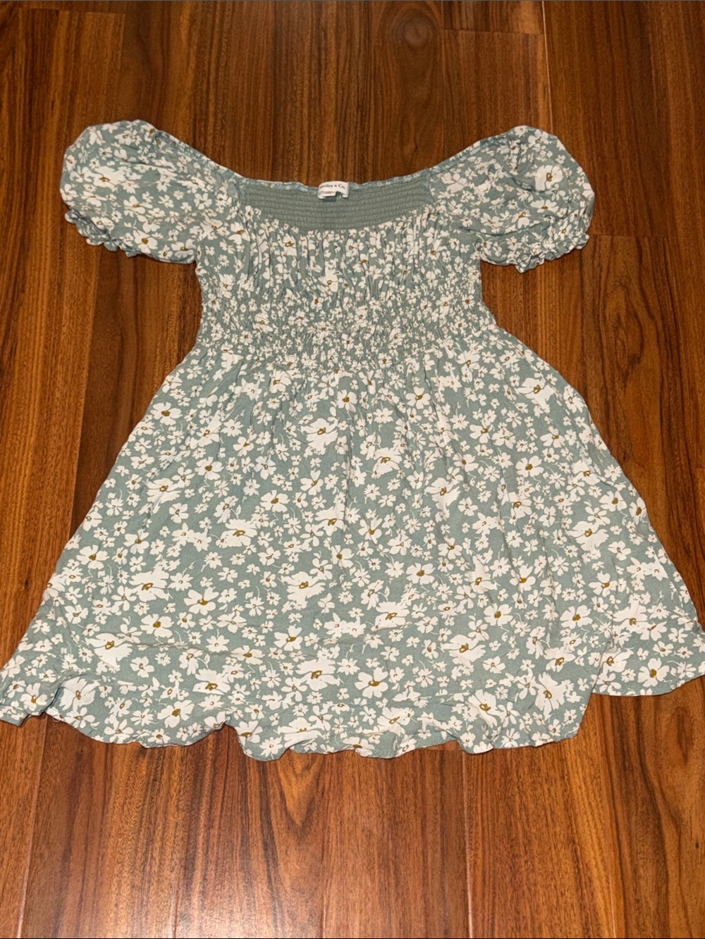 Smocked Sage Green Floral Puff-Sleeve Dress for Girls